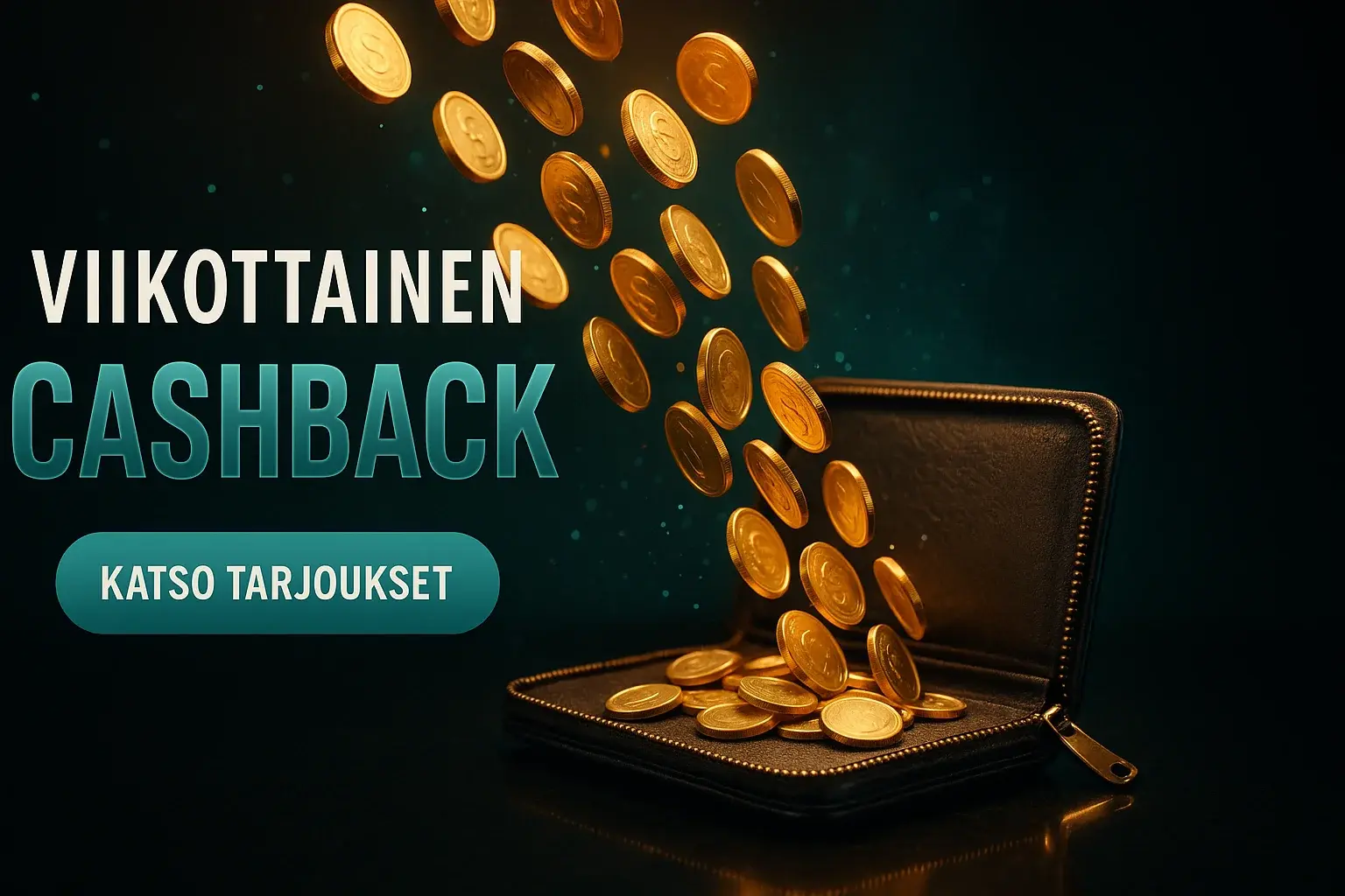 Viikoittainen cashback kasinobonusbanneri, kultakolikot virtaavat luksuslompakkoon tummalla taustalla