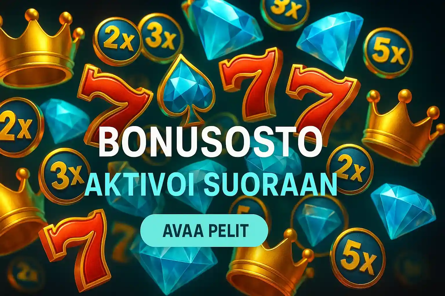 Suomalainen kasinobanneri, jackpot-slot-symbolit, BONUSOSTO ja AVAA PELIT CTA