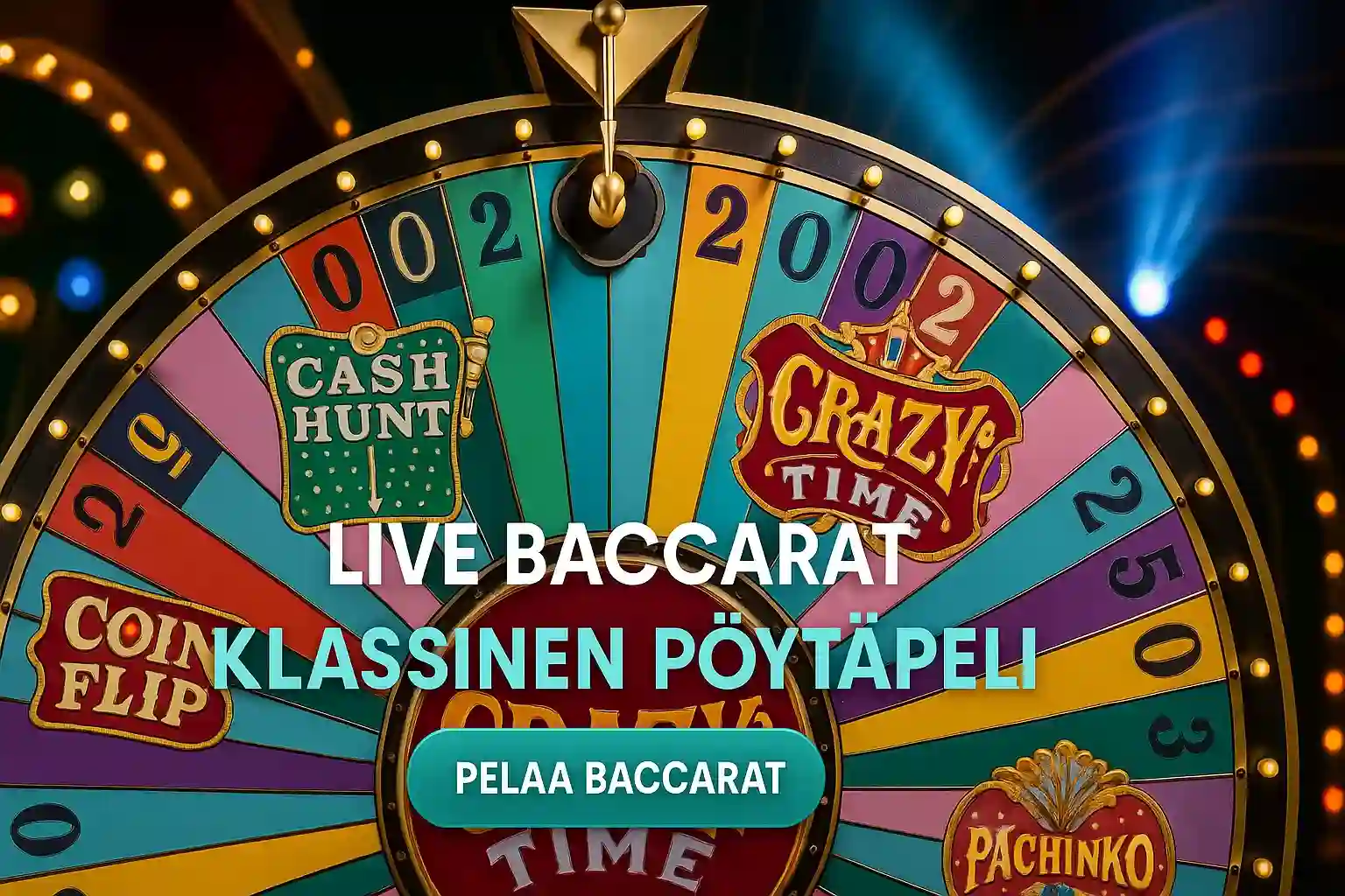 Leveä live-kasinobanneri, Crazy Time -pyörä ja teksti Live Baccarat