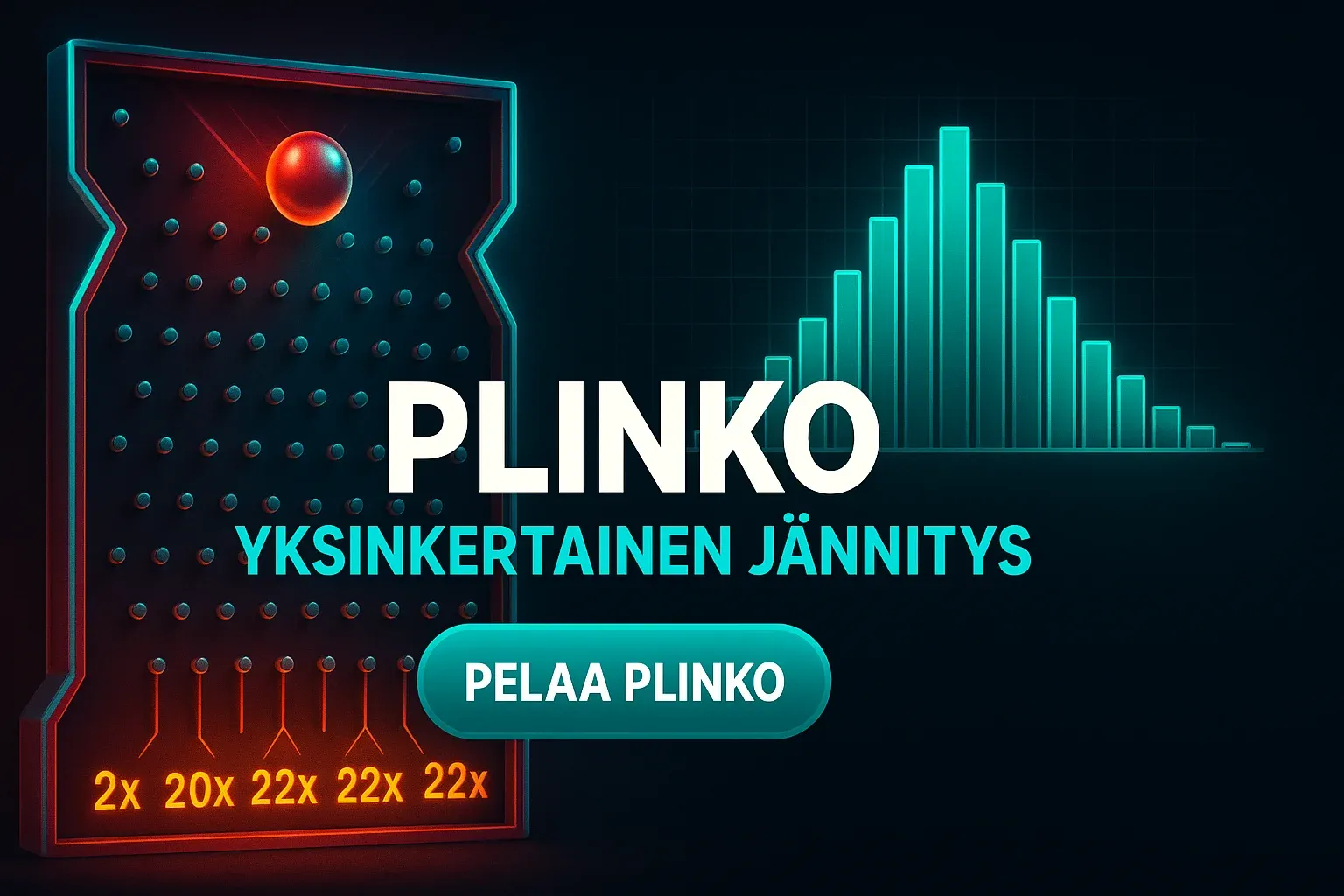 Leveä suomalainen kasinobanneri, plinko-kaavio, todennäköisyyskäyrä ja CTA-painike