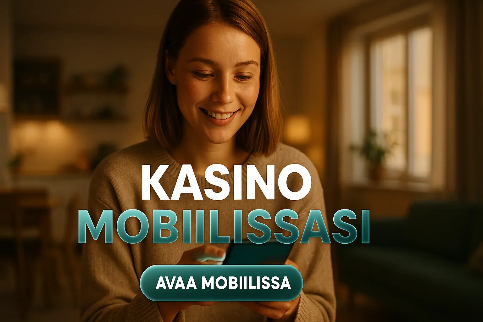 Suomalainen nainen pitää älypuhelinta, kasino mobiilibanneri skandinaavisessa asunnossa