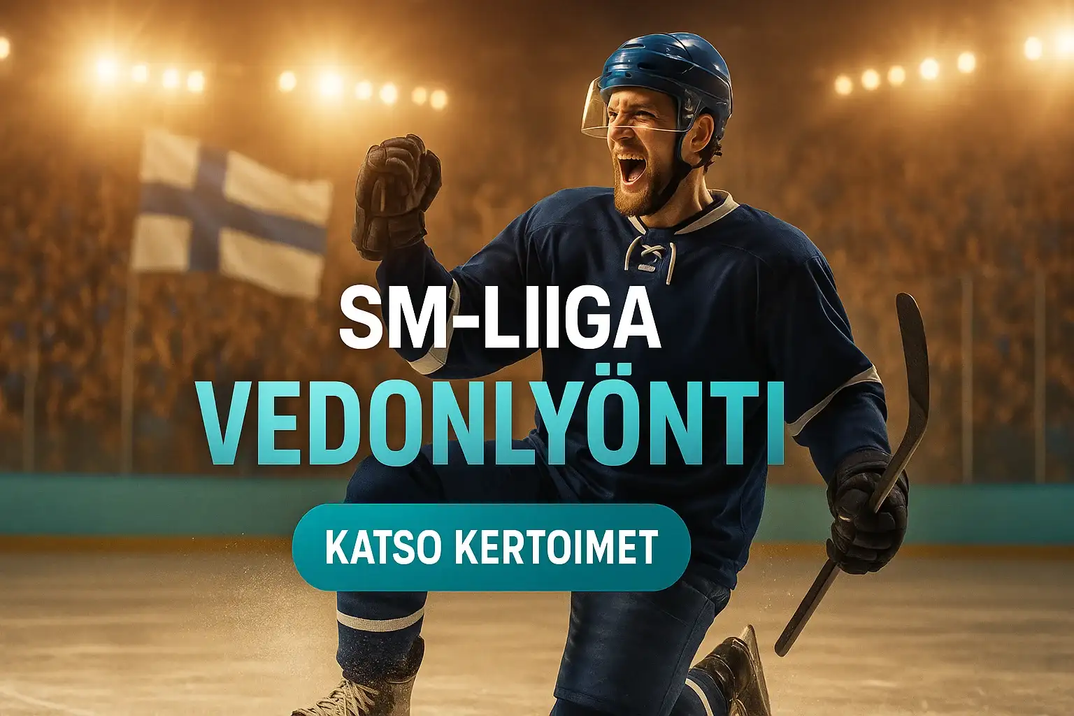 SM-liiga jääkiekkoilija juhlii maalia, vedonlyönti kasino banneri 16:9